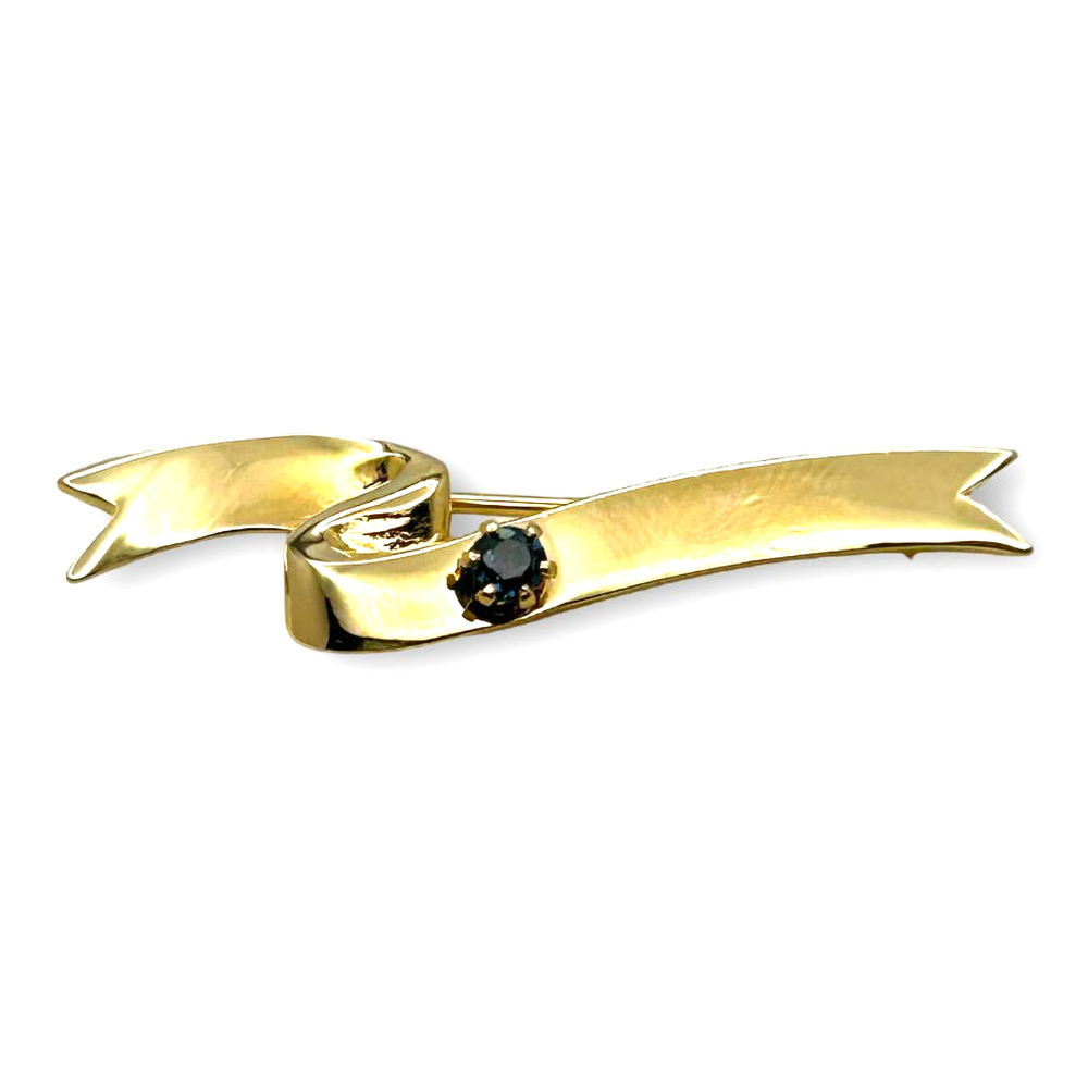 Vintage AVON 1985 Ribbon Faux Sapphire Pin Brooch Gold Tone